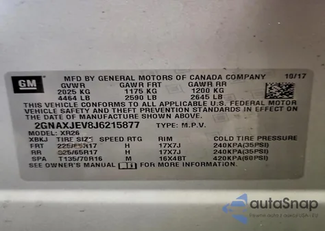 2018 Chevrolet Equinox Lt z USA, uszkodzony, nr VIN 2GNAXJEV8J6215877